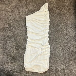 White one-shoulder draped mini dress (bodycon)